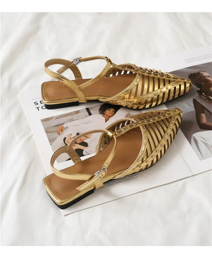 ZAROY Designer Narrow Band Flat Sandals Women Summer Point Toe Ankle Buckle Hollow Roman Sandal Plus Size Casual Beach Sandalias
