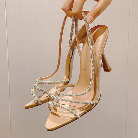 Zapatos de tacón de aguja destalonados con pedrería para mujer, sandalias de tacón transparente para oficina, elegantes, de punta fina, sexys, tacones altos para mujer