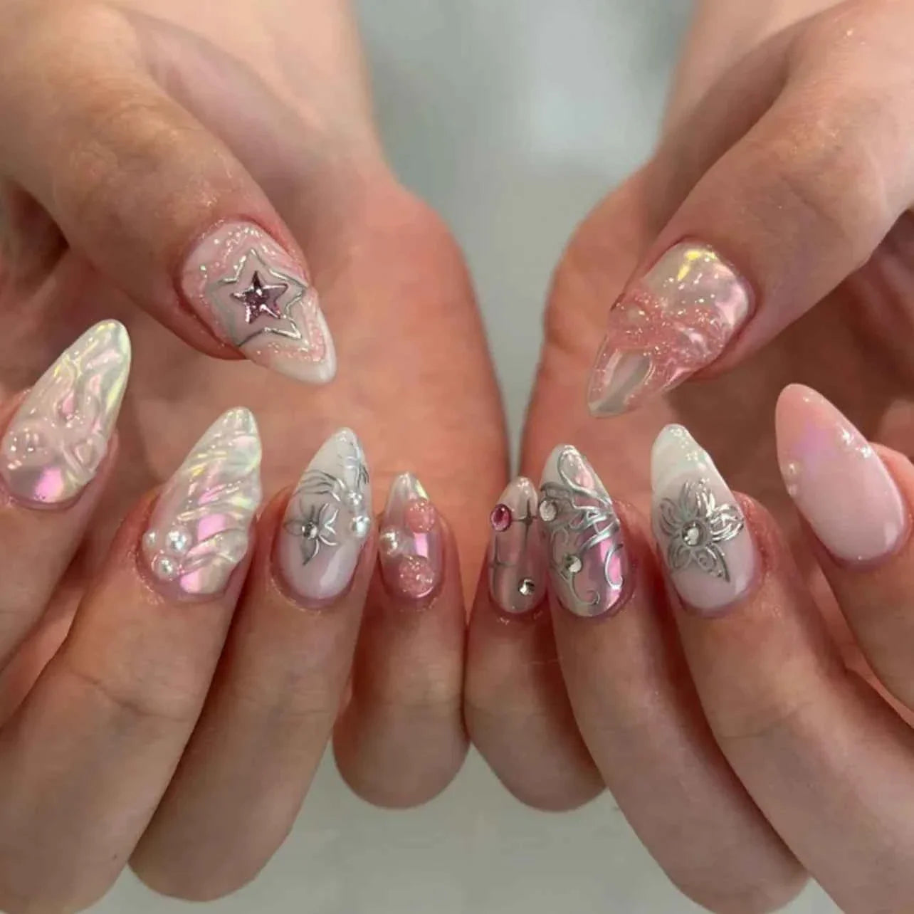 24pc Mid-Length Almond Press On Nails - Blue Smudge Full Cover Set