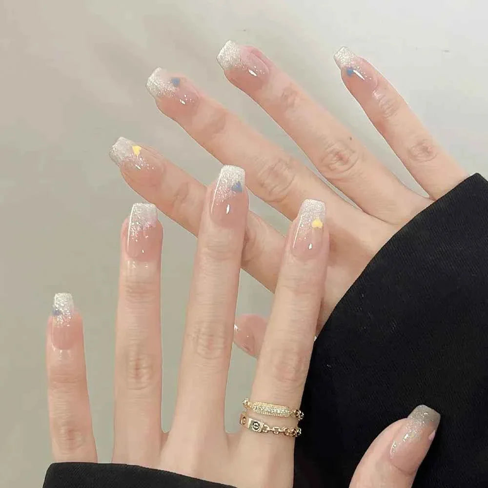 24pc Short Square Coffin Press On Nails - Glitter Diamond Blush Pink Cat Eye