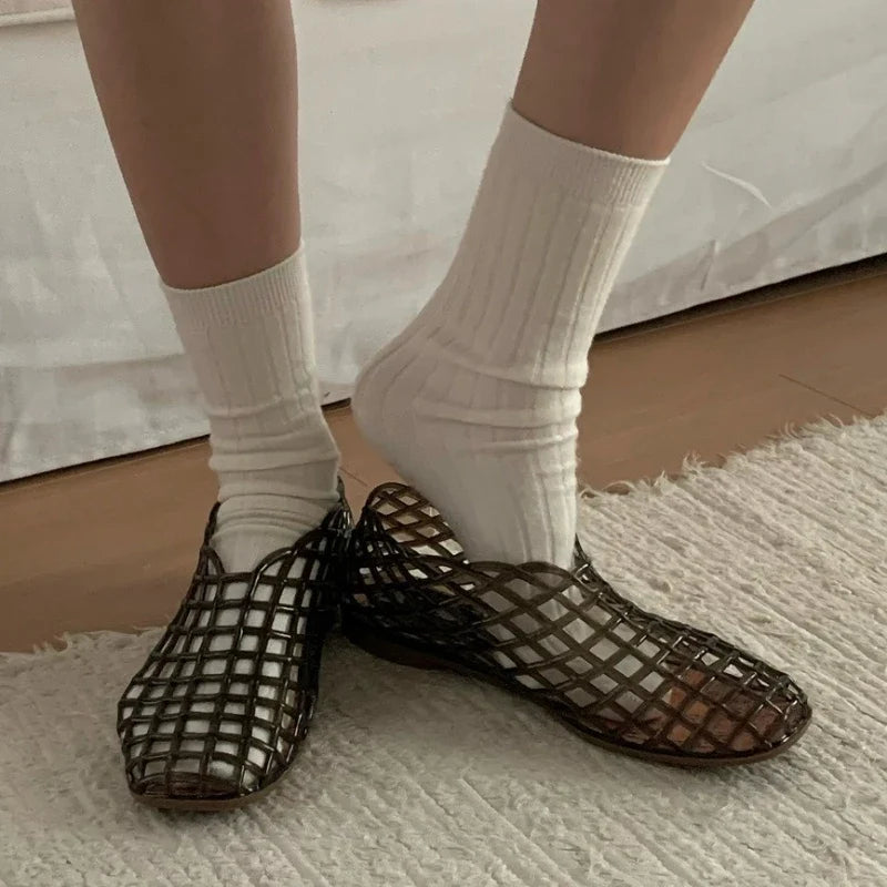 Women's New Flat Sandals with Hollow Transparent Color Mesh Jelly Shoes Woman Daily Walking Flats Plus Size 41 Soft PVC Footwear