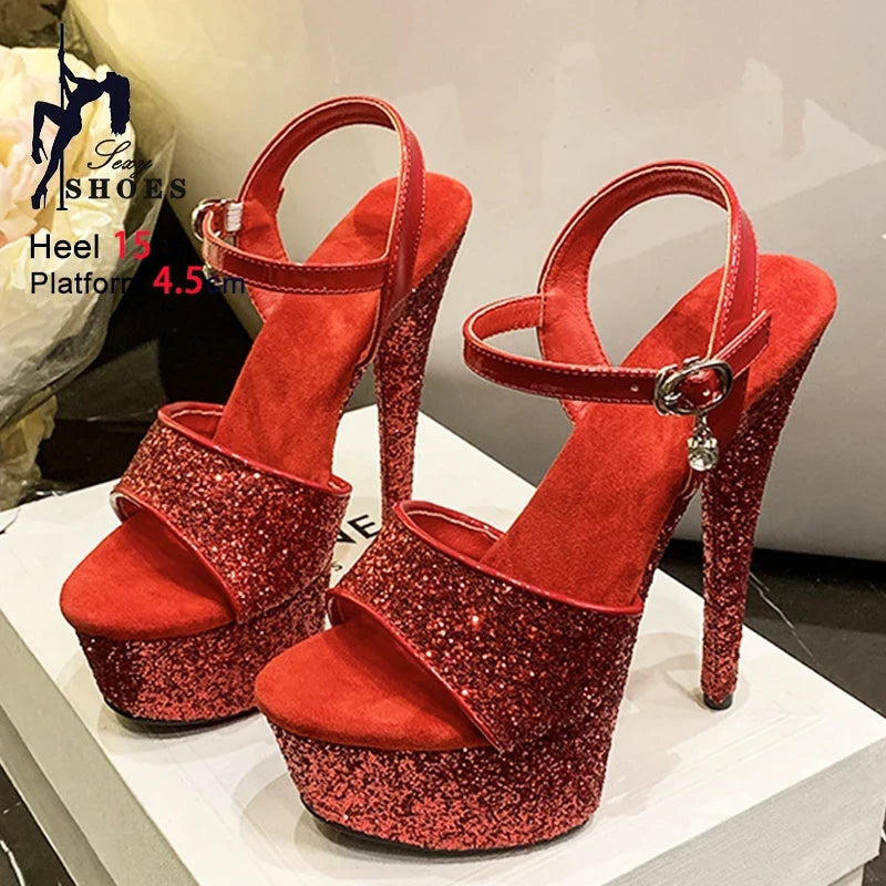 Women Platform 15CM High Heels 2025 New Luxury Sequin Model Runway Shoes Big Size 34-43 Nightclub Party Summer Glitter Sandals