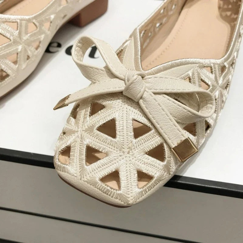New French Style Bow Flat Sandals Women Geometric Cut-Out Peep-Toe Breathable Summer Beige Shoes for Dresses, Office and Casual
