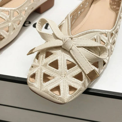 New French Style Bow Flat Sandals Women Geometric Cut-Out Peep-Toe Breathable Summer Beige Shoes for Dresses, Office and Casual