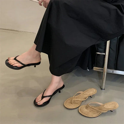 Aneikeh 2026 Fashion Thin Heels Slippers Women Round Clip Toe Slides Sandals Summer Flip Flops Female Shoes Mules Slides