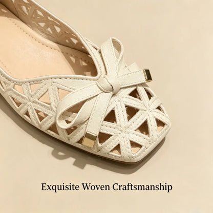 New French Style Bow Flat Sandals Women Geometric Cut-Out Peep-Toe Breathable Summer Beige Shoes for Dresses, Office and Casual