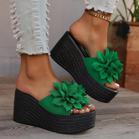 Pantuflas de Plataforma para Mujer 2024 Nuevas Sandalias de Cuña de Playa de Verano a la Moda con Flores Casuales Pantuflas de Tacón Alto para Mujer