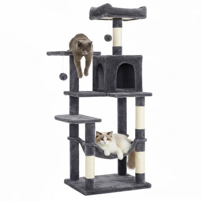 56.3" Multi-Cat Tree Tower Hammock, Condo & Scratching Posts for Indoor Cats