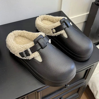 Waterproof Eva Furry Mules Slippers Women 2025 Winter Metal Buckle Warm Plush Slippers Soft Thick Bottom Non Slip Indoor Slides