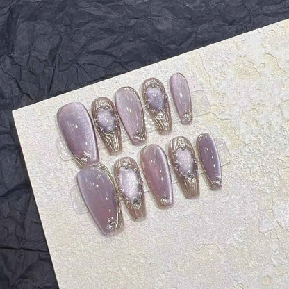 10Pcs Naked Cat Eye Press-On Nails with Laser Butterfly Decor