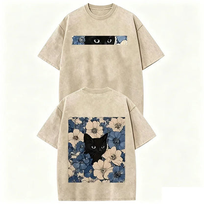 Vintage Washed Black Cat Floral T Shirt Double Sided Print Streetwear Casual Tee