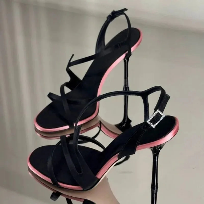 Satin Color Block Stiletto High Heels with One Belt 2025 New Summer Temperament Versatile Sandals