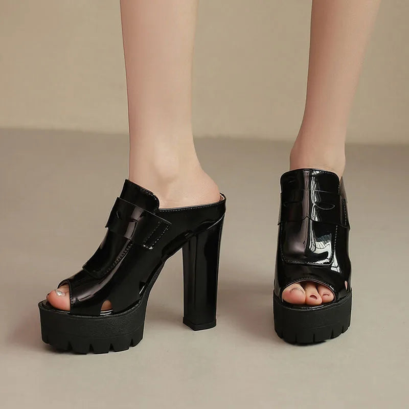 Platform Sandals Women High Heels Slippers Summer Women Shoes Sexy Chunky Heels Slides Patent Leather Zapatillas Mujer WSH5052