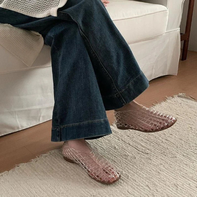 Women's New Flat Sandals with Hollow Transparent Color Mesh Jelly Shoes Woman Daily Walking Flats Plus Size 41 Soft PVC Footwear
