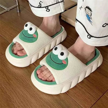 Frog Linen Slippers – Warm Indoor Home Slides with Thick Sole Anti-Slip for Women & Couples