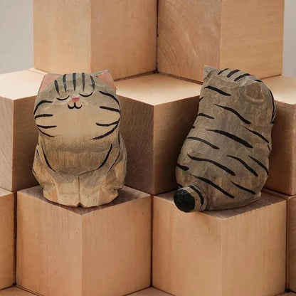 Handcrafted wood carving kitten statue Desk accessories Cat