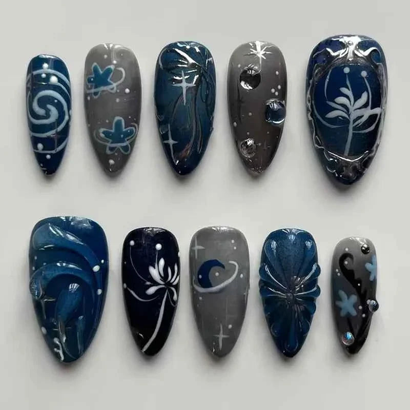 24pc Mid-Length Almond Press On Nails - Blue Smudge Full Cover Set