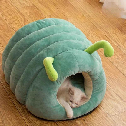 Kawaii Cartoon Caterpillar Pet Bed (Up to 23.6 in) - Warm Soft Plush Cat/Dog House
