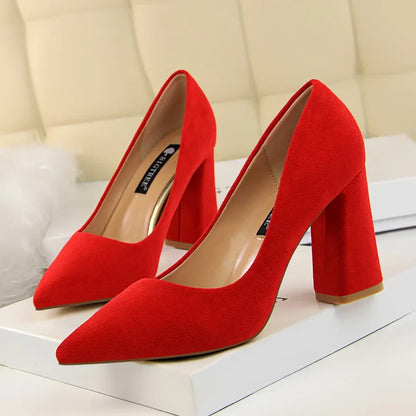 Summer Women 8.5cm High Heels Pumps Escarpins Elegant Sweet Lady Wedding Block Square Middle Heels Flock Suede Nightclub Shoes
