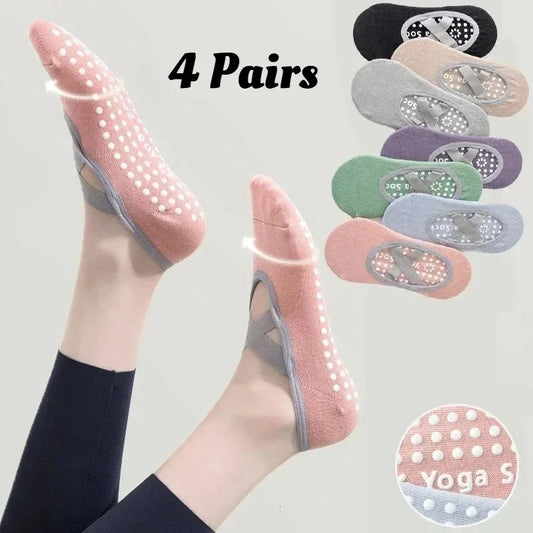 1/ 4 pares de calcetines de yoga profesionales para mujer, calcetines de ballet de Pilates antideslizantes de silicona, calcetines deportivos de yoga transpirables sin espalda para mujer