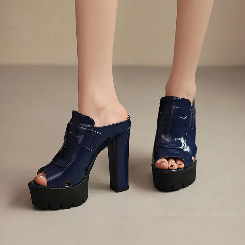 Platform Sandals Women High Heels Slippers Summer Women Shoes Sexy Chunky Heels Slides Patent Leather Zapatillas Mujer WSH5052