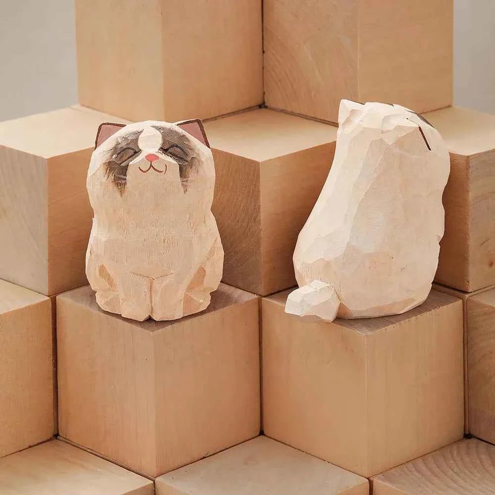 Handcrafted wood carving kitten statue Desk accessories Cat