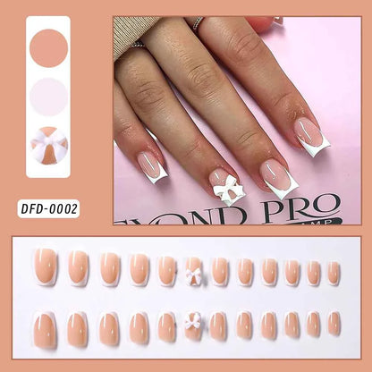 24pc Short Square French Press On Nails - White & Pink Flower Design