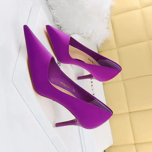 Zapatos de tacón de aguja de satén para mujer BIGTREE, novedad de 2025, zapatos de tacón alto morados a la moda para mujer, zapatos de fiesta elegantes de lujo con tacones para mujer