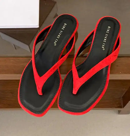 ZAROY Red Women's Flip Flops Summer Slippers Square Clip Toe Thin Low Heels Casual Beach Mules Slides Thongs Sandals Zapatos