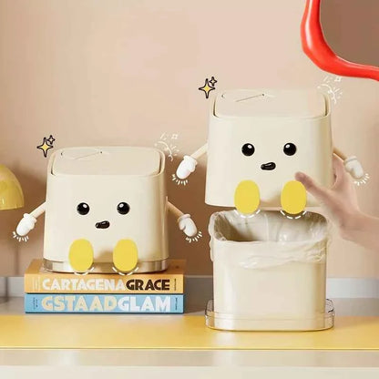 Cute Push-On Mini Trash Can Brush Compact Desktop Can