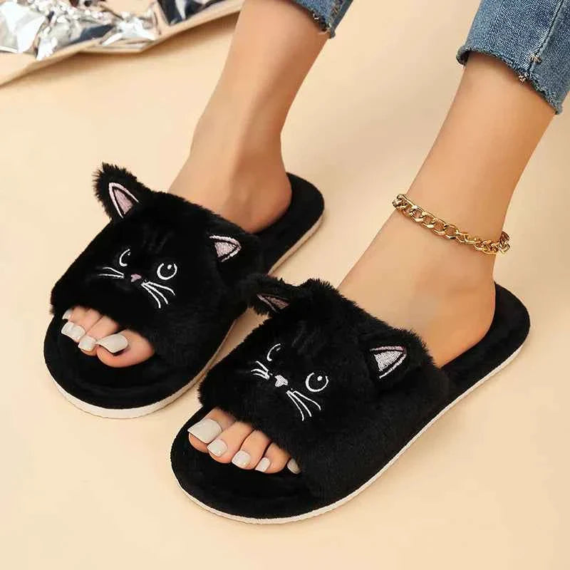 Casual Fluffy Slippers Women Home Flat Cat Cartoon Luxury
