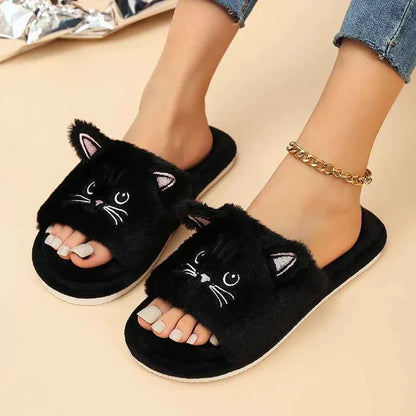 Casual Fluffy Slippers Women Home Flat Cat Cartoon Luxury