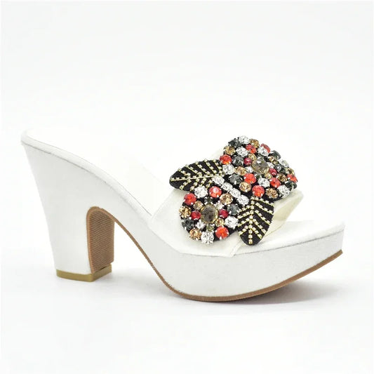 Zapatos de salón de fiesta africanos para mujer decorados con diamantes de imitación para boda, zapatos de cuña para mujer, tacones de plataforma, zapatos nigerianos