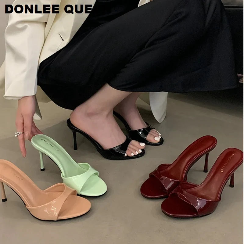 2026 Fashion Sexy Thin High Heels Slides Women Open Toe Pumps Slip Sandal Female Slippers Mule Patent Leather Outdoor Flip Flops