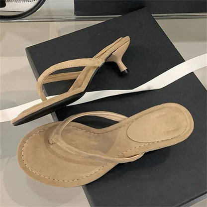 Aneikeh 2026 Fashion Thin Heels Slippers Women Round Clip Toe Slides Sandals Summer Flip Flops Female Shoes Mules Slides