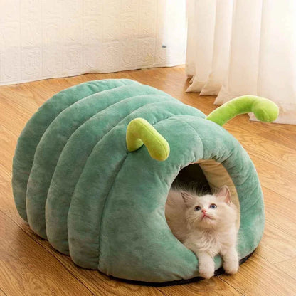 Kawaii Cartoon Caterpillar Pet Bed (Up to 23.6 in) - Warm Soft Plush Cat/Dog House