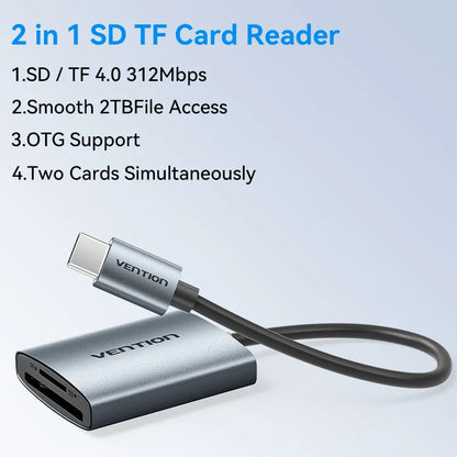 Vention SD 4.0 Card Reader 312Mbps USB 3.0 Type C to SD Micro TF OTG Memory Card Adapter for iPhone 17 MacBook Laptop PC Samsung