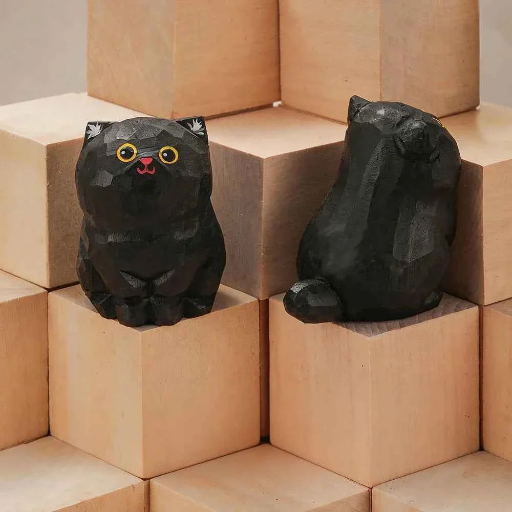 Handcrafted wood carving kitten statue Desk accessories Cat
