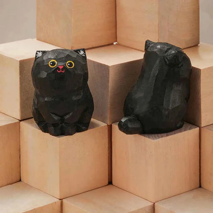 Handcrafted wood carving kitten statue Desk accessories Cat