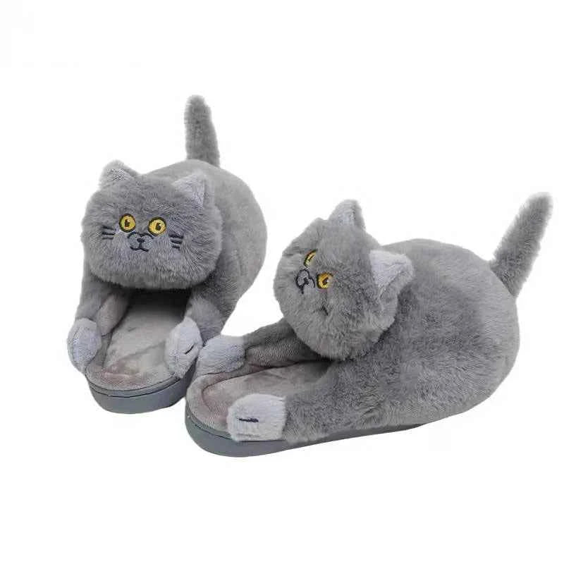 Cuddly Hug Cat Slippers Women Winter Home Fur Slides Kawaii