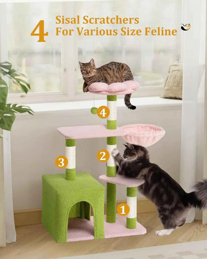 Large Cat Tree with 2-Door Condo – Scratching Posts, Floral Perch & Hammock for Adult Cats (Green/Pink)