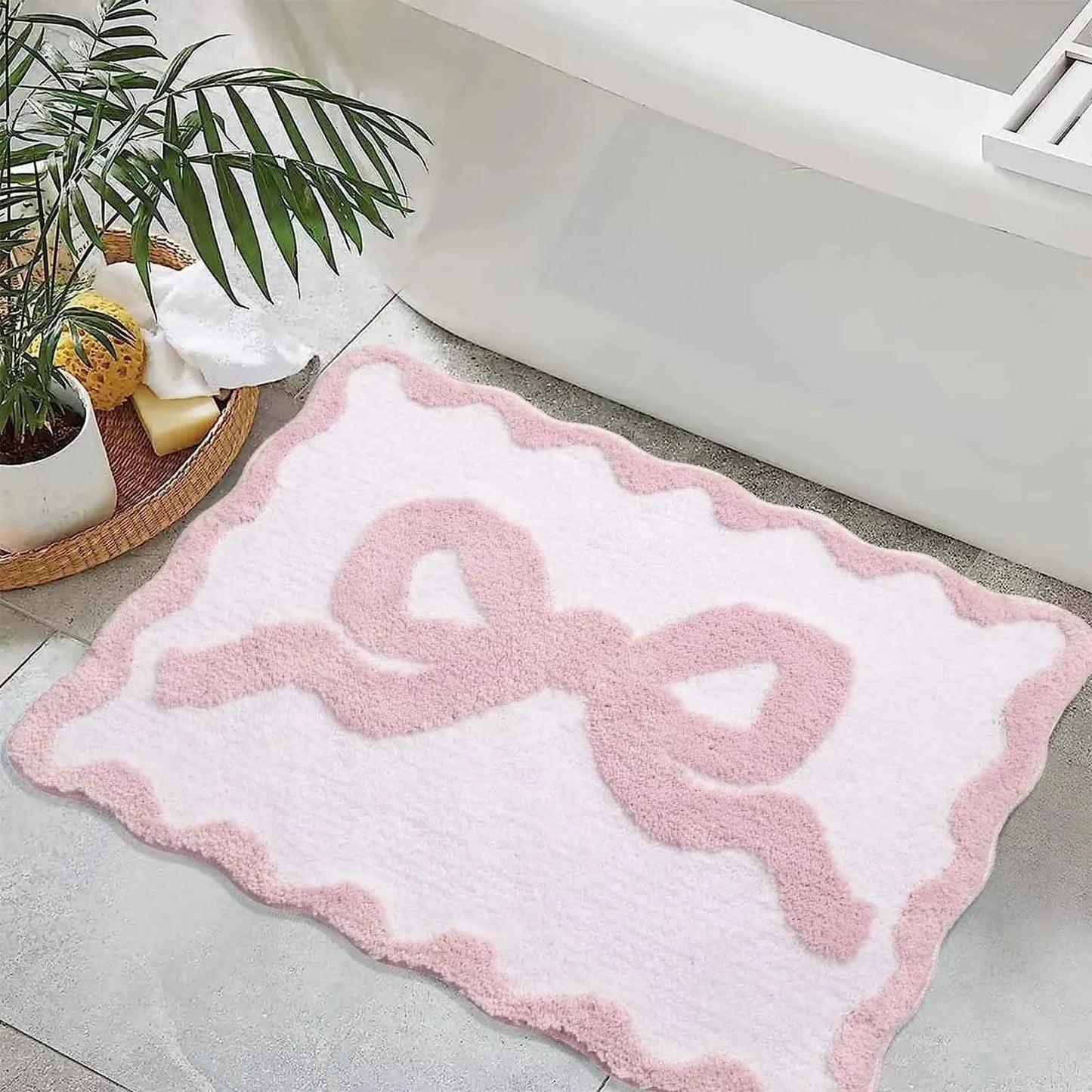 Pink Bow Bath Mat Bathroom Cute Preppy Rugs Scalloped