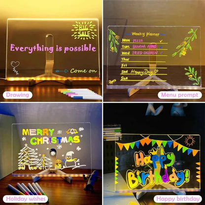 LED Note Board Night Light w/7 Color Pens - DIY Acrylic Message Board Gift