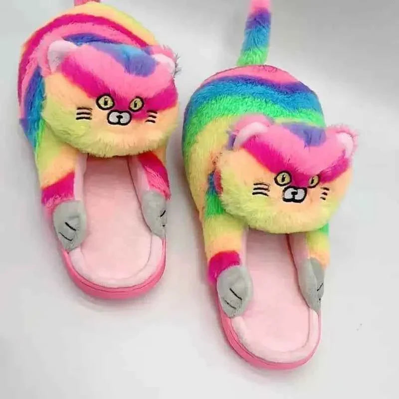 Cuddly Hug Cat Slippers Women Winter Home Fur Slides Kawaii