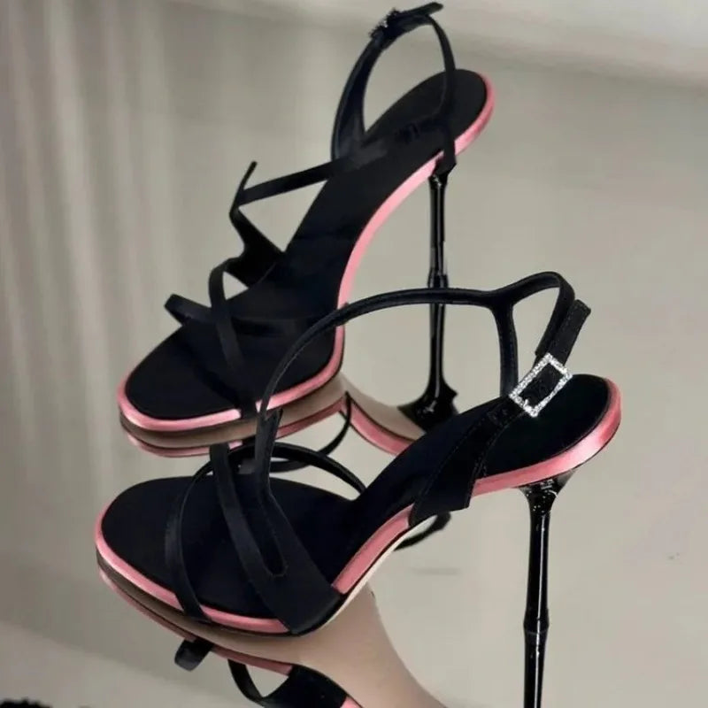 Satin Color Block Stiletto High Heels with One Belt 2025 New Summer Temperament Versatile Sandals
