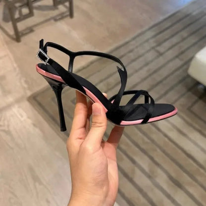 Satin Color Block Stiletto High Heels with One Belt 2025 New Summer Temperament Versatile Sandals