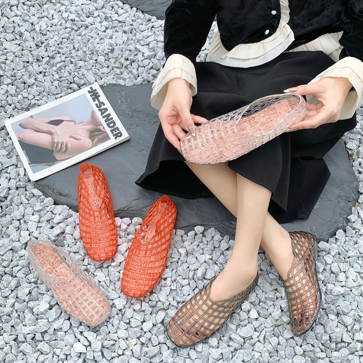 2025 Women's New Flat Sandals with Hollow PVC Breathable Summer Outerwear Baotou Bag and Casual Jelly Sandals