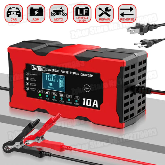 Chargeur de batterie de voiture 12V 10A Chargeur de motos électriques 14.6V 10A pour batterie au lithium intelligente Lifepo4, acide-plomb, AGM, GEL, PB, réparation