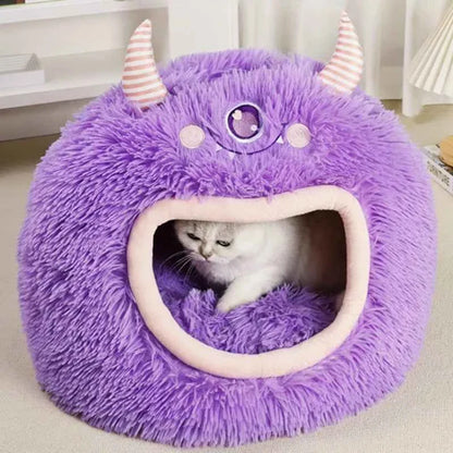 Kawaii Cartoon Monster Pet Bed (Up to 18.9 in) - Fully Enclosed Cat House Winter Warm