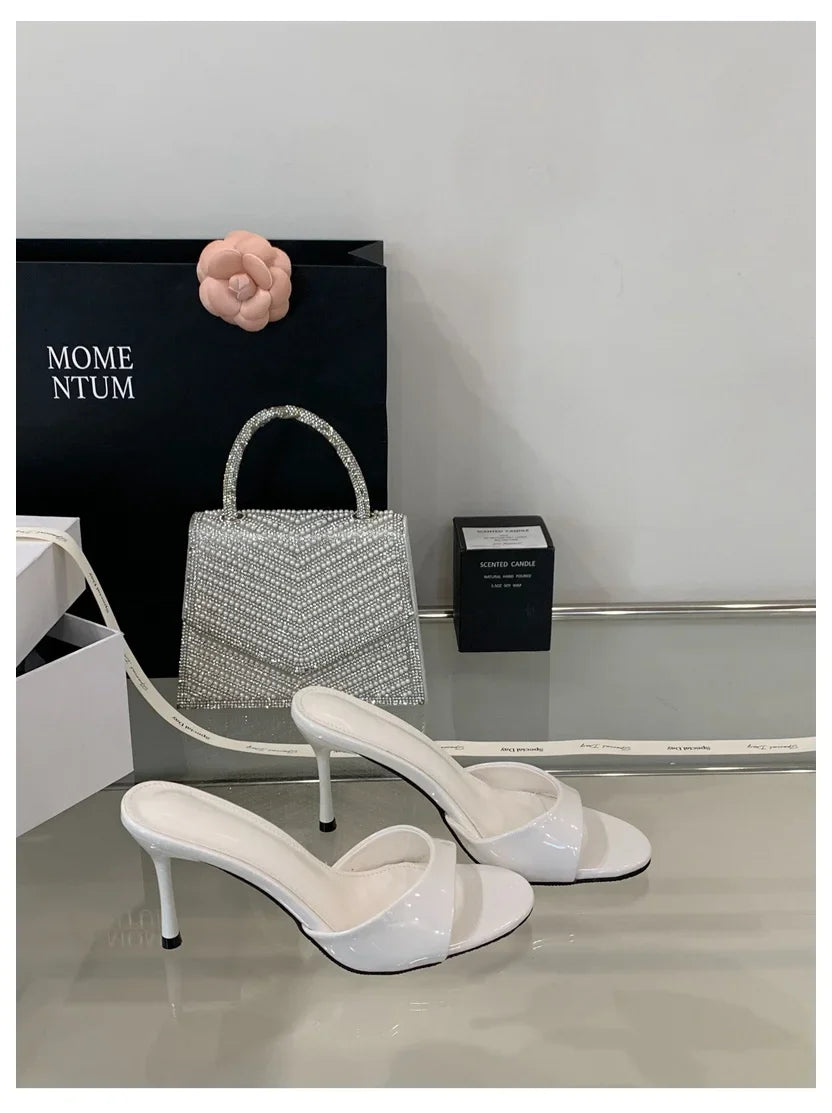 2026 Fashion Sexy Thin High Heels Slides Women Open Toe Pumps Slip Sandal Female Slippers Mule Patent Leather Outdoor Flip Flops